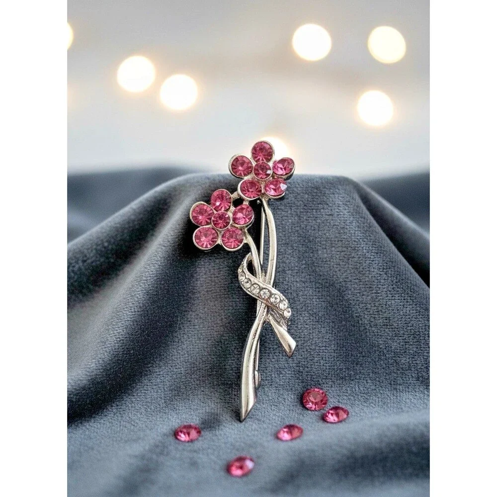 Vintage Rhinestone Flower Brooch Pink Crystal Double Stem 2 Inch